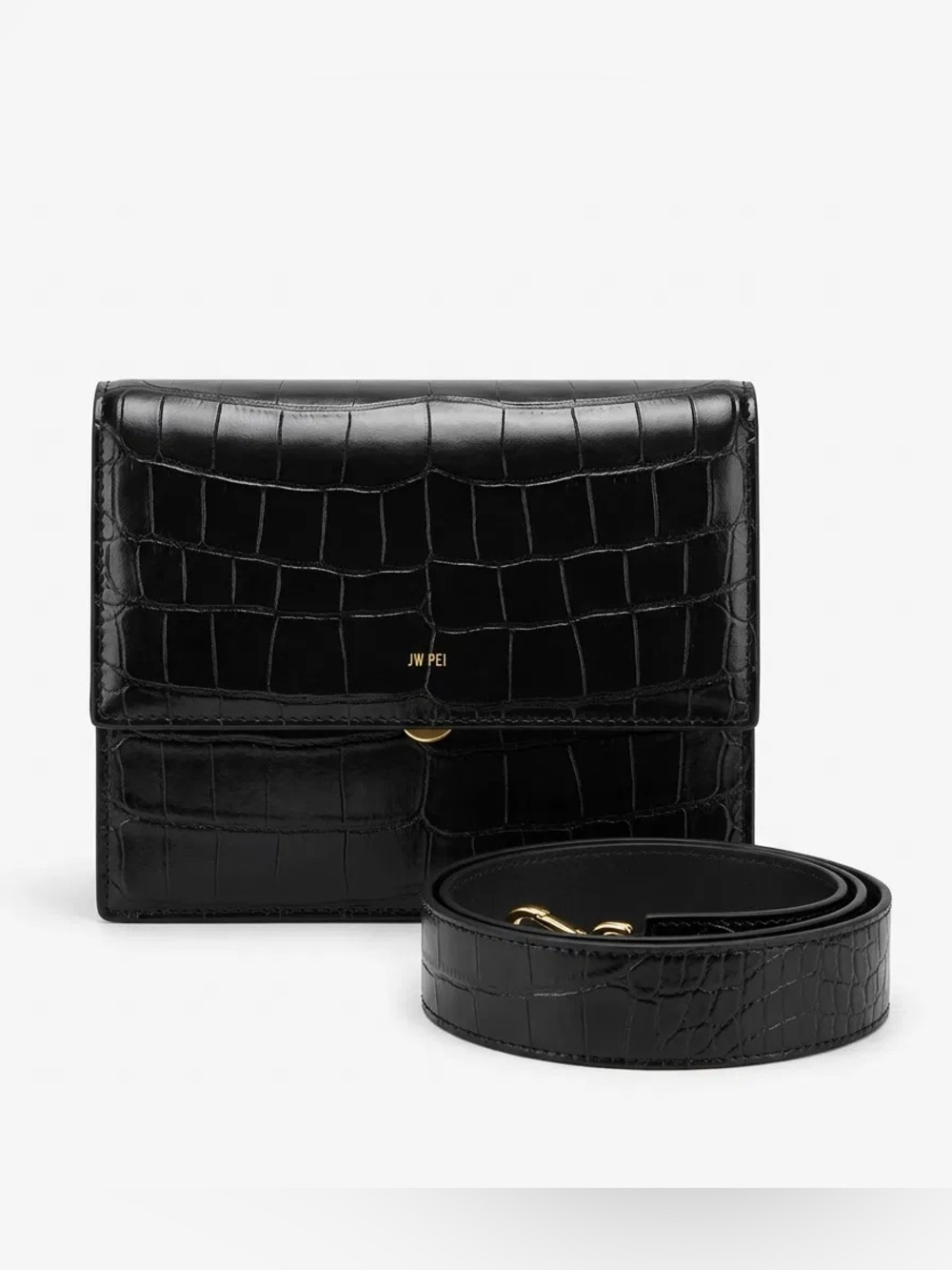 New JW PEI Black Croc-Embossed Faux Leather Crossbody Purse Handbag